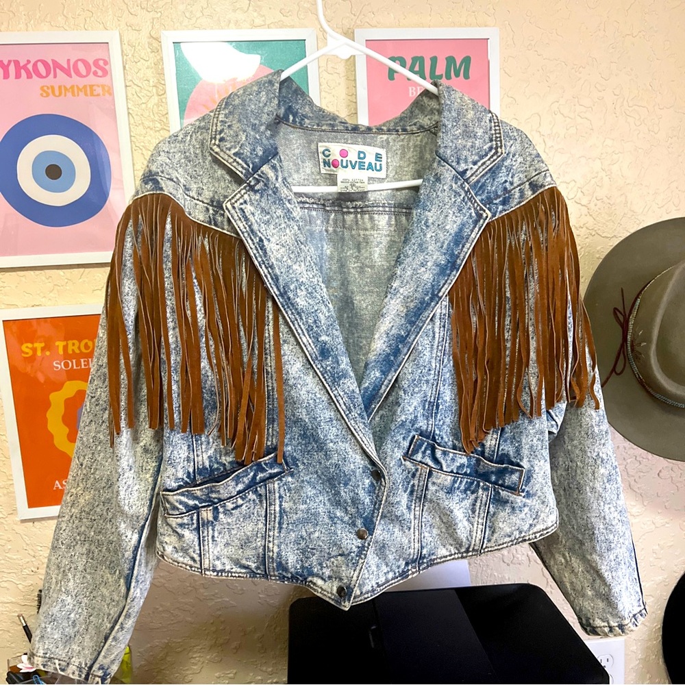 Vintage Cowgirl acid wash fringe jacket m blue jean Texas Nashville Ella Langley